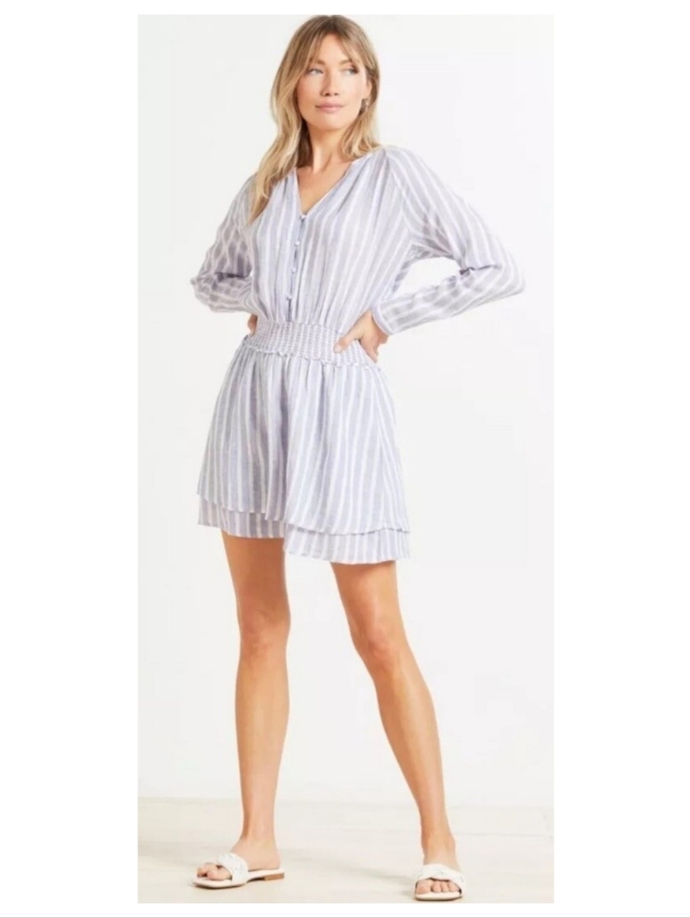 Rails Jasmine Rhone Dress XS Blue White Stripe Linen Smocked Waist Mini Boho